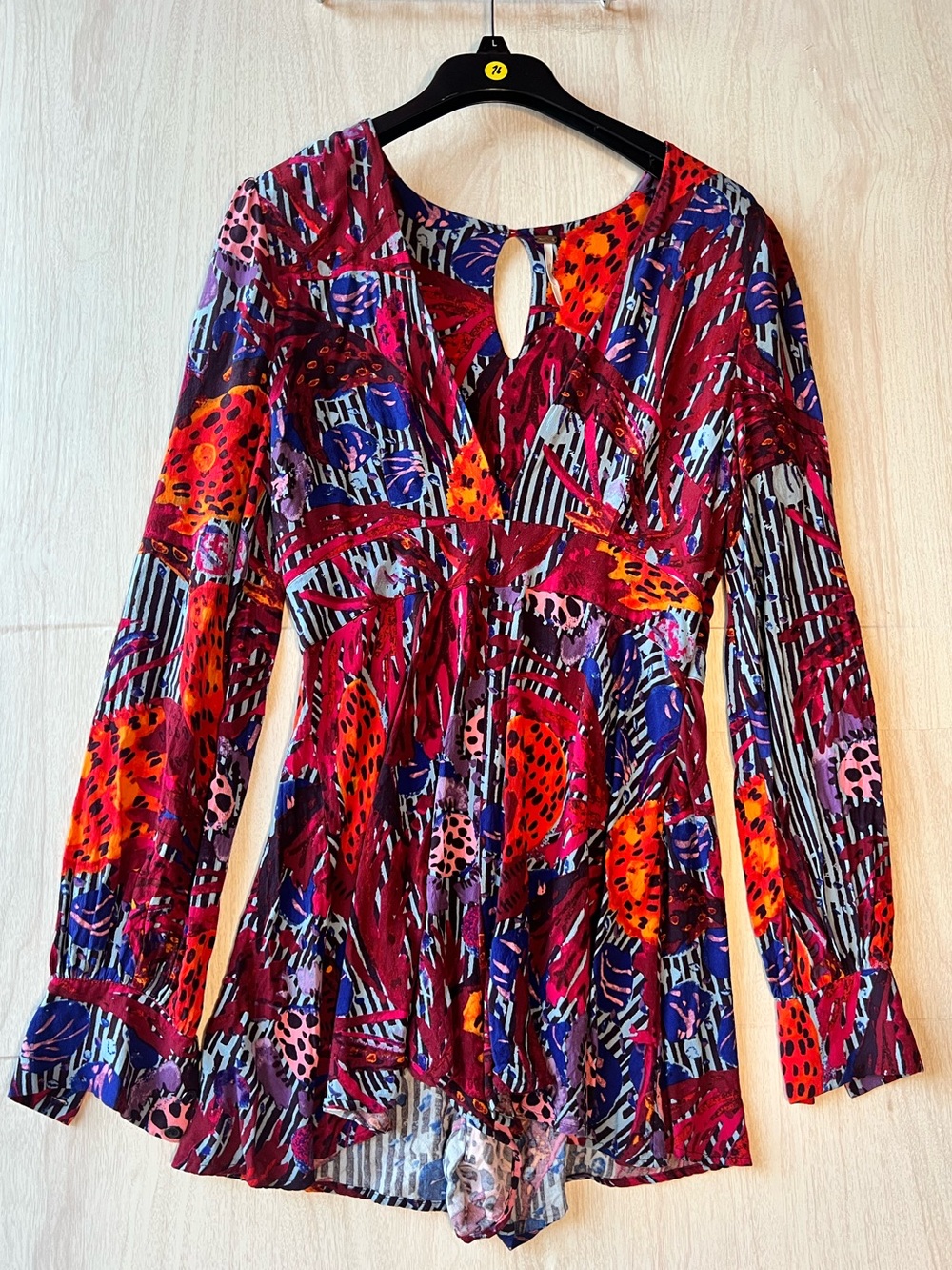 Free People Multicolor V-Neck Tie-Front Long Sleeve Blouse